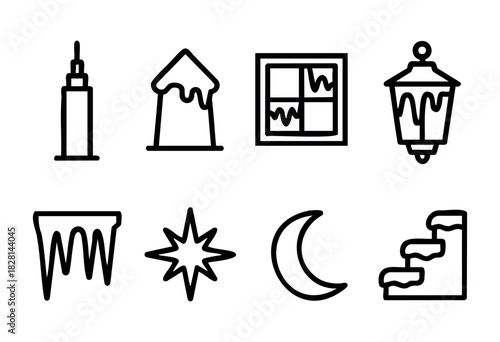 A winter atmosphere is presented with various elements like icicles, a snowy house, a lamp post, a star, and a crescent moon, reflecting the beauty of a cold night.