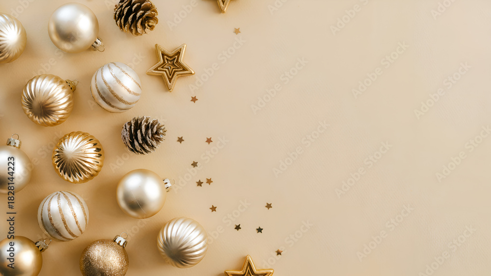 Obraz premium Elegant Gold Christmas Ornaments and Pinecones Flat Lay on Beige Background