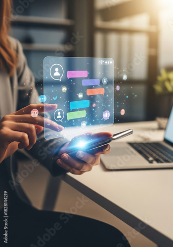 Close-Up of Hands Holding Phone with Holographic Chat Conversation – Perfect for Messaging App Marketing, AI Assistant Demos, and User Experience Guides