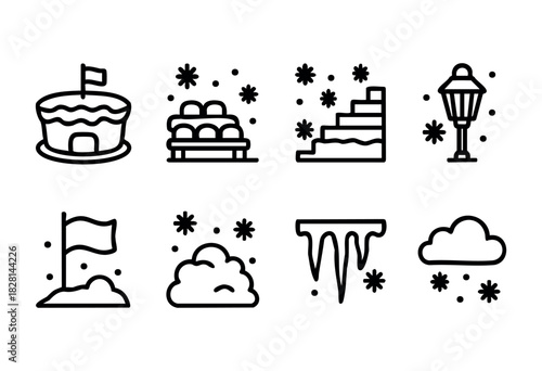 A collection of eight winter-themed icons featuring a snow-covered hill, a snowy cloud, an ice cube, and sports-related elements like a net and swimming pool