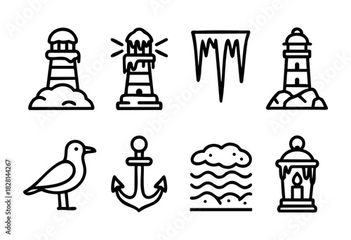 Lighthouses and winter symbols feature prominently in this coastal scene. The artwork combines marine life and elements, capturing the essence of the ocean and its surroundings.