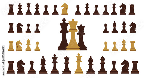 A complete set of classic chess pieces in black and gold arranged in various groupings for a strategy board game concept.