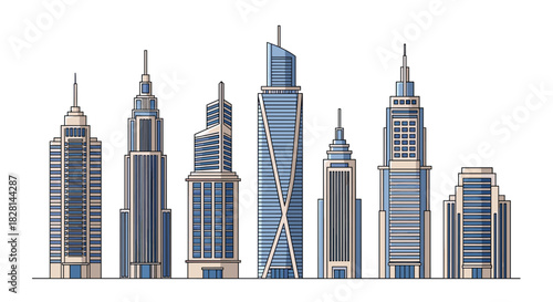A set of seven modern city skyscrapers and tall office buildings with line art details isolated on a clean white background.