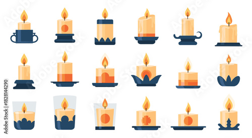 A large collection of eighteen burning candles in various decorative holders and glass jars for relaxation and celebration themes.