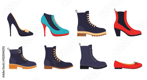 A collection of eight stylish pairs of women's shoes including high heels boots and flats for fashion and retail concepts.