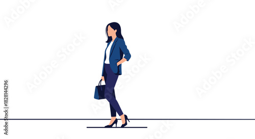 A minimalist vector illustration of a professional businesswoman in a stylish blue suit walking confidently on a white background.