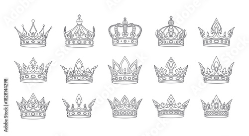 A beautiful collection of fifteen ornate royal crowns in a detailed black and white line art style for luxury and heraldry.