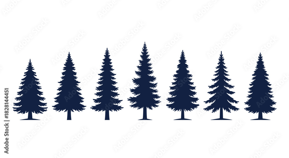 Obraz premium Collection of seven dark blue evergreen pine tree silhouettes showing various shapes and sizes isolated on a white background.