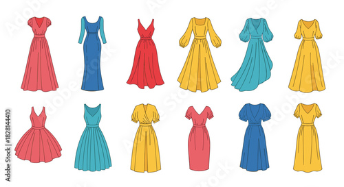 A beautiful collection of twelve colorful women's dresses in various elegant styles for fashion design and apparel illustration.