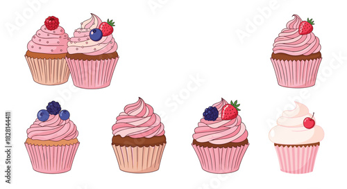 A delicious set of seven hand-drawn cupcakes with pink and white frosting decorated with fresh berries for bakery designs.
