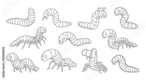 A collection of eleven cute cartoon caterpillar and insect larvae illustrations in a black and white line art coloring book style.