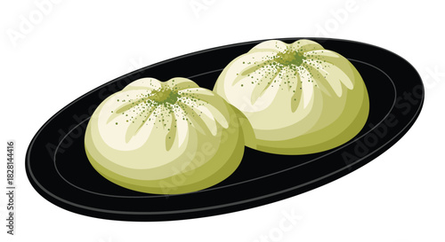 An illustration of two Japanese matcha mochi or daifuku desserts dusted with green tea powder on a black plate.