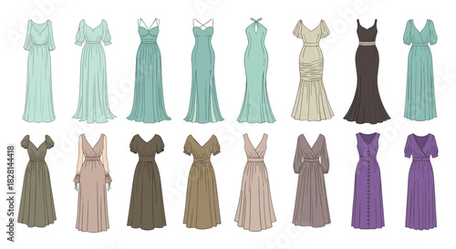 A large collection of sixteen women's long formal and bridesmaid dresses in various elegant styles and muted colors.