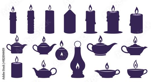 A large set of nineteen candle and oil lamp silhouettes in various shapes and sizes for light and decoration concepts.