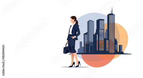 A confident businesswoman in a suit standing with a modern city skyline in the background representing success and corporate life.