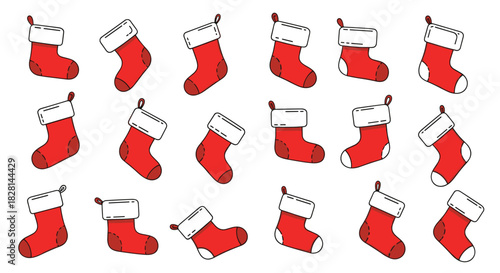 A large collection of twenty-one cute red and white Christmas stockings in various angles for festive holiday decorations.