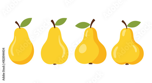A simple and clean set of four yellow pear illustrations with green leaves in a flat design style on a white background.