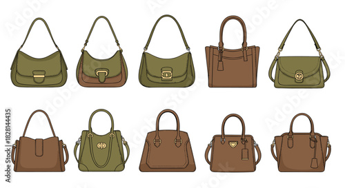A collection of ten stylish women's handbags and purses in shades of green and brown for fashion and accessory illustrations.
