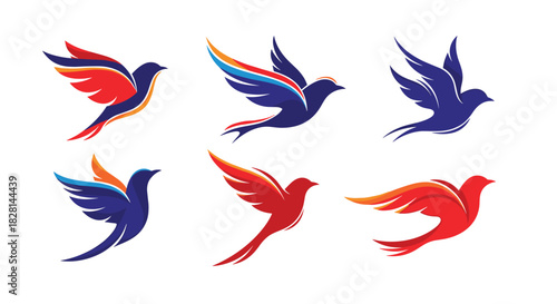 A dynamic set of six stylized flying bird logos in red and blue colors representing freedom speed and movement.