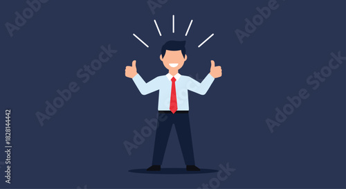 Happy businessman in a suit and tie smiling and showing two thumbs up as a gesture of approval success and satisfaction.