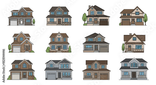 A set of twelve detailed illustrations of suburban family houses and homes with garages in a colored line art style.