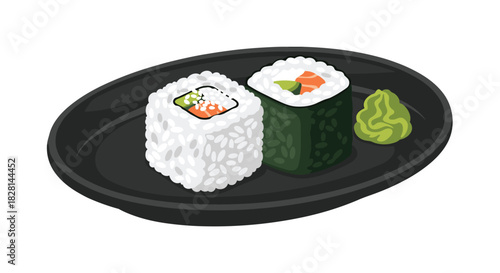 Two pieces of Japanese sushi maki rolls with salmon and avocado served with wasabi on a black plate on a white background.