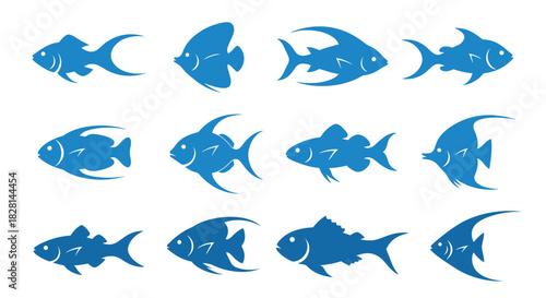 Diverse collection of twelve blue fish silhouettes representing various species for aquarium seafood or marine life logos.