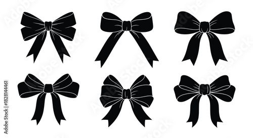 Simple collection of six black silhouette gift bows with ribbons in various elegant styles for decoration and design.