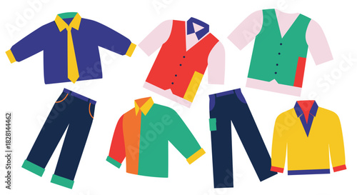 Assortment of colorful flat design men's clothing items including shirts pants a vest and a sweater isolated on white.