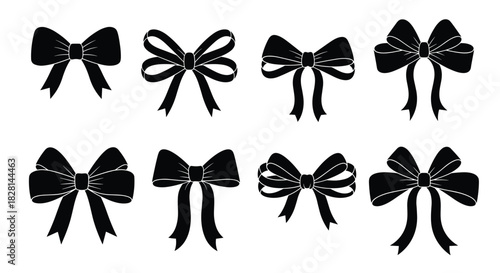 Collection of eight different black ribbon bow silhouettes for gift wrapping decoration and design elements on white.