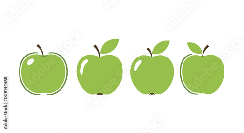 Collection of four green apple vector icons in various flat design styles isolated on a white background for healthy food concepts.