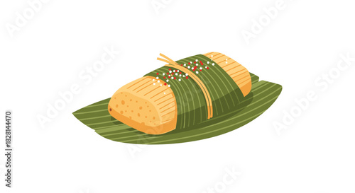Traditional Latin American tamale wrapped in a green banana leaf and tied with string isolated on a white background.