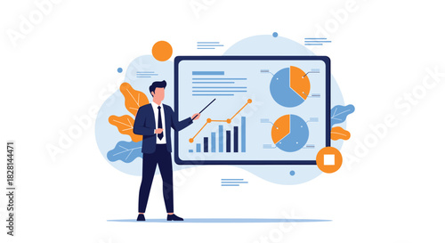 Professional businessman in a suit giving a presentation pointing to a screen with data charts graphs and business analytics.