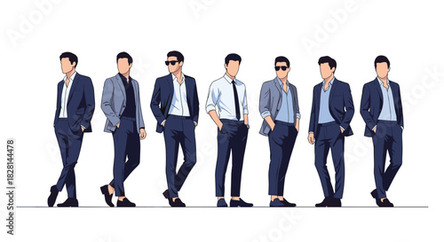Set of seven stylish men in elegant business suits standing in different poses against a clean white background for fashion illustration.