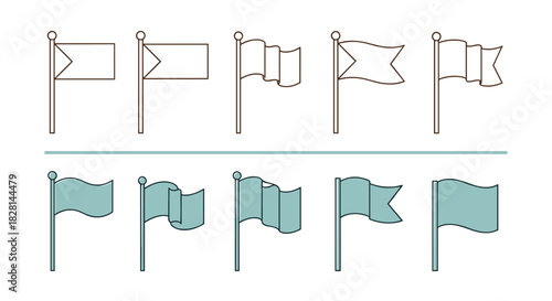 Collection of ten flag icons on flagpoles in outline and filled styles with various shapes for design and branding elements.