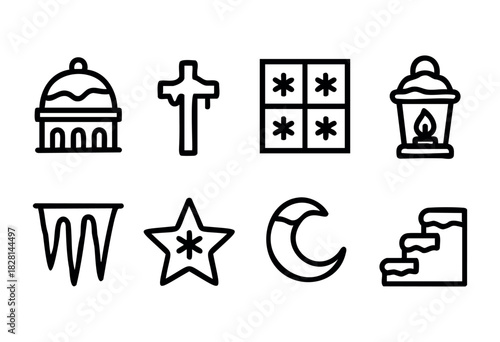 This collection of winter-themed icons showcases various symbols, including snowflakes, a crescent moon, a lantern, and other seasonal elements in a minimalist black and white style.