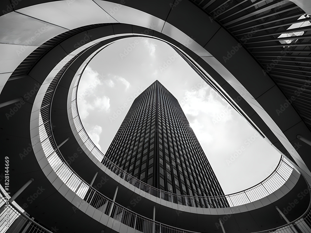 Obraz premium Modern skyscraper framed by a dynamic spiral architectural structure