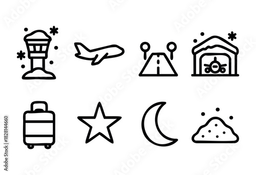 Various travel icons display winter themes including snow, an airplane, a suitcase, a star, and a crescent moon against a simple background, suggesting holiday journeys.