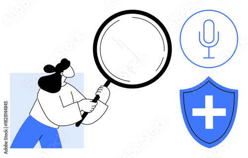 Woman holding magnifying glass examining concepts of voice technology and security symbolized by microphone and shield. Ideal for research, security, technology, communication, innovation