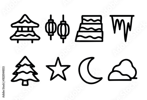 This collection features winter-themed illustrations including a cave entrance, icicles, snow drifts, footprints, a lantern, a tree, and a snowflake against a simple backdrop