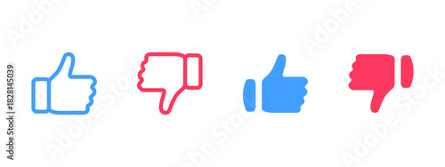 Thumb up and down icon. Blue like and red dislike gestures show positive and negative feedback in a clean flat style vector illustration. Useful reaction symbol for UI kits sign and social rating.