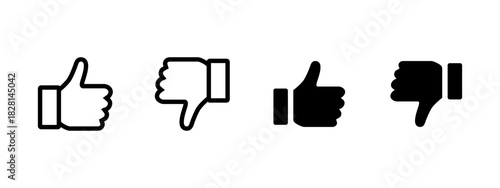 Like dislike icon set. Outline and solid thumb gestures show positive and negative feedback vector illustration. Useful social rating sign for UI elements, vote choice symbol and reaction pictogram.