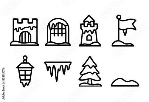 Various winter-themed illustrations showcase castles, trees, and icicles in a minimalist black and white style. Each design captures the chilly essence of the season.