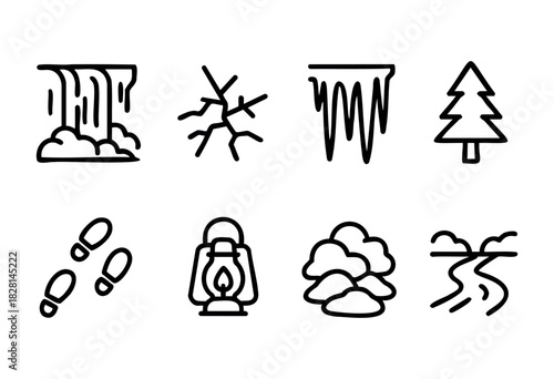 Various simple icons represent nature, highlighting elements such as waterfalls, tree lines, and icicles along with walking footprints and lanterns, conveying outdoor activity.
