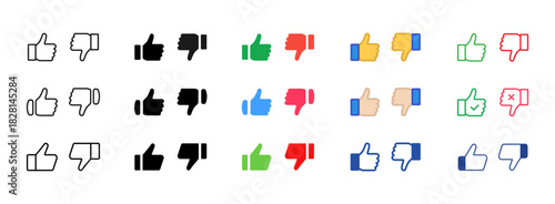 Like and dislike icon set. Mixed thumb up and thumb down gestures in outline, solid and colorful styles for approval and rejection symbol. Social rating elements for UI and apps vector.