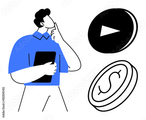 Man holding tablet thoughtfully, next to dollar coin and play button. Ideal for decision-making, financial planning, career growth, media choices, critical thinking, investment, business goals