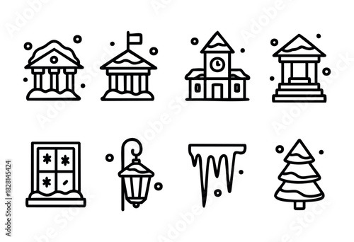 Snow blankets various buildings, a lamppost illuminates the scene, and a decorated Christmas tree adds cheer during winter. Frosty elements create a cozy holiday vibe.