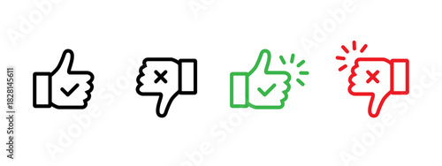 Like dislike icon. Outline thumbs with check and cross marks for approve or reject feedback symbol. Clear vote gesture for UI rating sign. Minimal choice action for web interface concept pictogram.