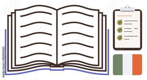 Open book with horizontal lines, checklist clipboard with marked items, and Irish flag. Ideal for education, organization, culture, learning resources, study materials, national identity