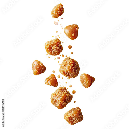 Caramel candy pieces with sugar crystals on a caramel background